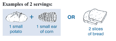 Examples of 2 servings: 1 small potato plus 1 small ear of corn or 2 slices of bread.